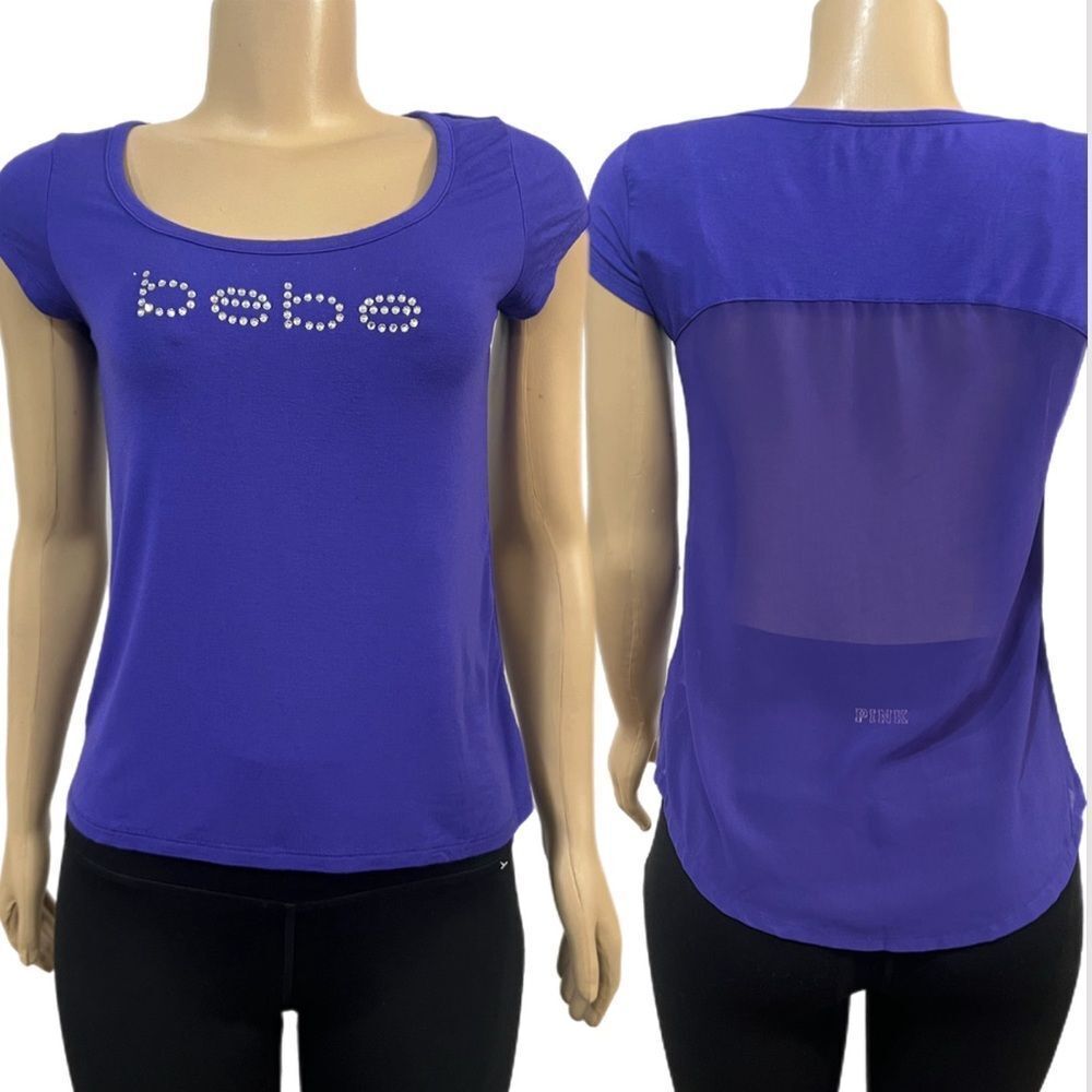 Bebe Rhinestone Bebe logo top sexy sheer mesh back purple good used condition S